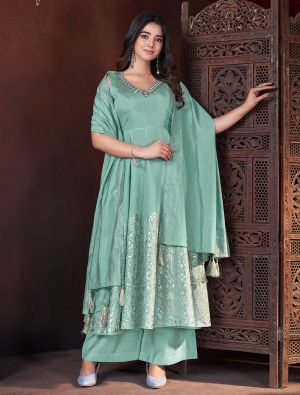 Pista Green Roman Silk Ready To Wear Palazzo Suit FABSL22091