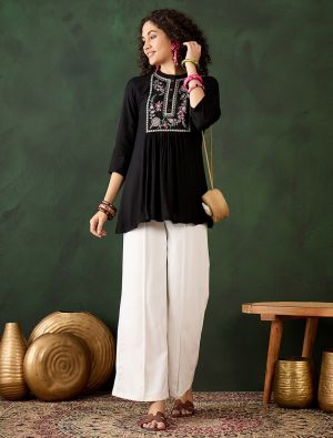 pitch black rayon embroidered top fabku21023