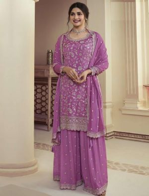 Purple Chinon Semi Stitched Embroidered Palazzo Suit small FABSL21806