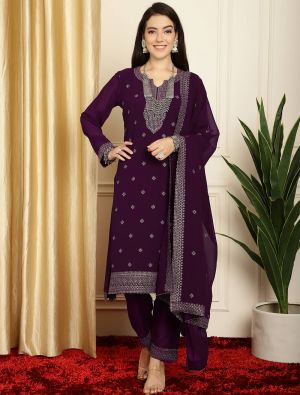 Purple Georgette Salwar Kameez With Contrast Thread Work small FABSL21611