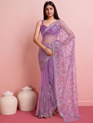 Purple Soft Net Party Wear Saree With Sequins