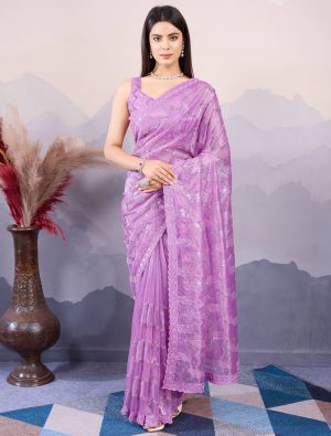 Purple Twill Net Stylish Party Wear Saree