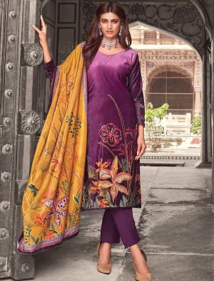 Purple Velvet Printed Salwar Kameez With Contrast Dupatta small FABSL21707
