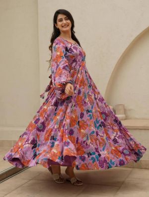 purplish pink chinon digital printed flared gown   fabgo20314