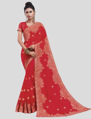 Crimson Red Chiffon Designer Saree small FABSA20164