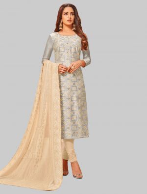 Light Grey Jacquard Silk Straight Suit with Dupatta small FABSL20047
