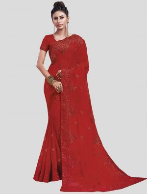 Red Chiffon Designer Saree small FABSA20161