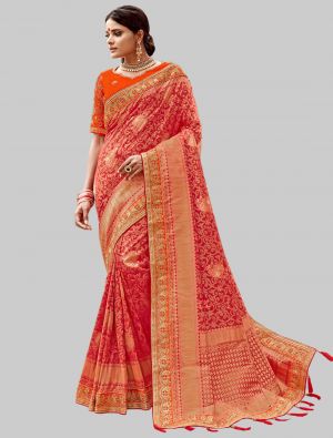 Red Jacquard Silk Designer Saree small FABSA20192