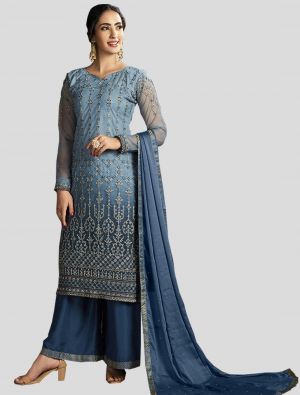 Blue Net Straight Suit with Dupatta small FABSL20102
