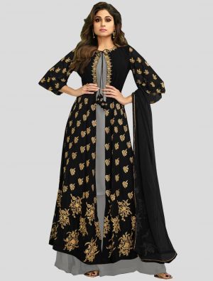 Black Georgette Floor Length Suit with Dupatta small FABSL20135