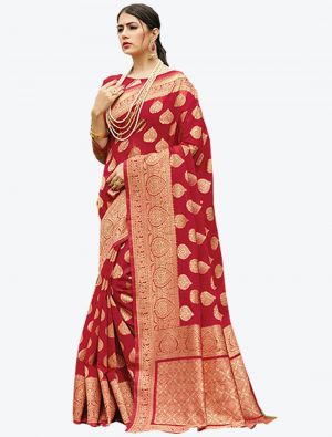 Red Cotton Handloom Designer Saree small FABSA20329