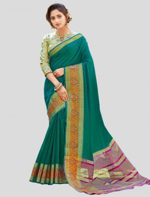 Teal Green Khadi Silk Designer Saree small FABSA20351