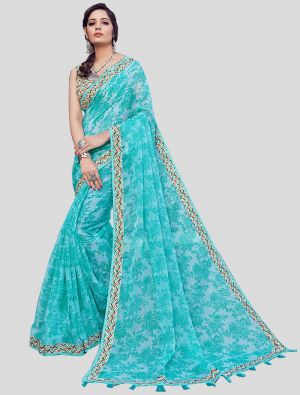 Turquoise Blue Cotton Silk Designer Saree small FABSA20359
