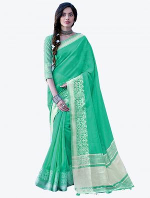 Green Linen Cotton Designer Saree small FABSA20455