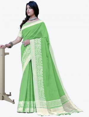 Green Linen Cotton Designer Saree small FABSA20458