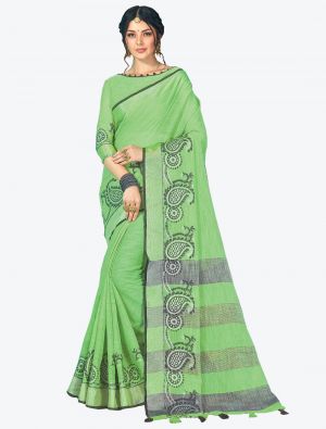 Green Linen Cotton Designer Saree small FABSA20483