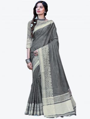 Grey Linen Cotton Designer Saree small FABSA20459