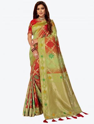 Light Green and Red Jacquard Silk Designer Saree small FABSA20453