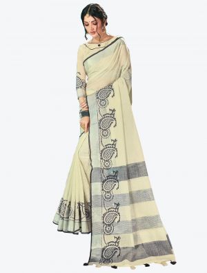 Off-White Linen Cotton Designer Saree small FABSA20480