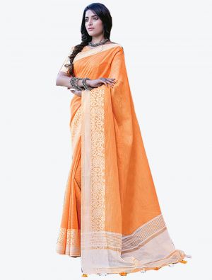 Orange Linen Cotton Designer Saree small FABSA20454