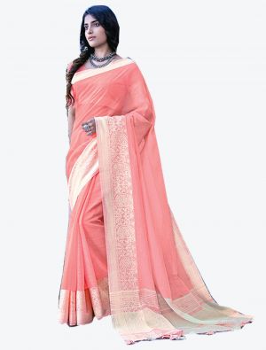 Pink Linen Cotton Designer Saree small FABSA20456