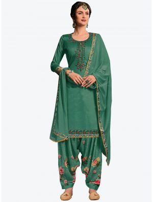 Sea Green Satin Cotton Patiala Suit with Dupatta small FABSL20161