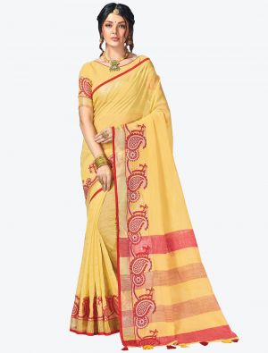 Yellow Linen Cotton Designer Saree small FABSA20478