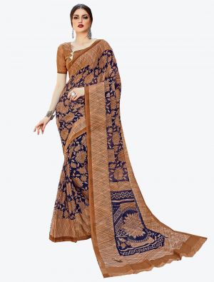 Brown and Navy Blue Georgette Designer Saree small FABSA20582
