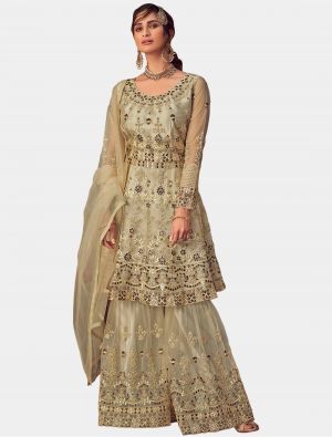 Cream Net Sharara Suit with Dupatta small FABSL20196