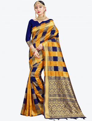 Mustard Yellow and Navy Blue Banarasi Art Silk Designer Saree small FABSA20540