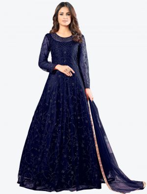 Navy Blue Net Floor Length Suit with Dupatta small FABSL20180