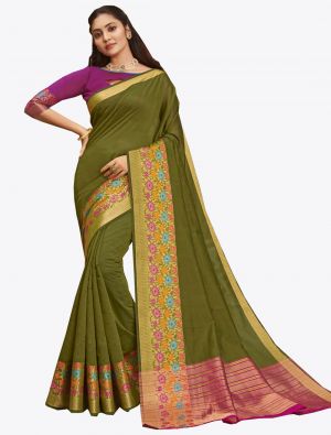 Olive Green Khadi Silk Designer Saree small FABSA20570