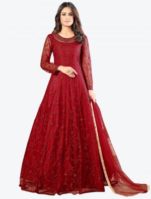 Red Net Floor Length Suit with Dupatta small FABSL20181