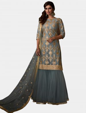 Steel Blue Net Sharara Suit with Dupatta small FABSL20187