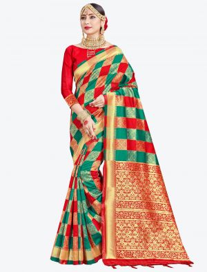 Teal Green and Red Banarasi Art Silk Designer Saree FABSA20539