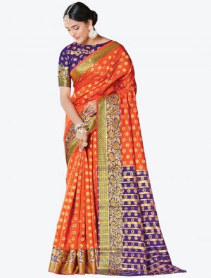 Deep Orange Handloom Silk Designer Saree small FABSA20981