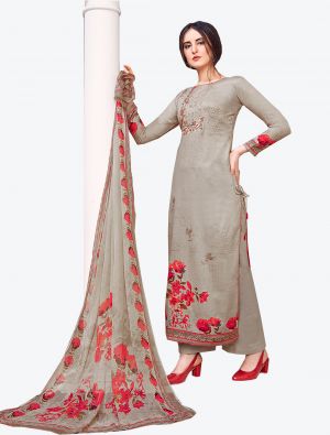 Grey Jam Satin Straight Suit with Dupatta small FABSL20406