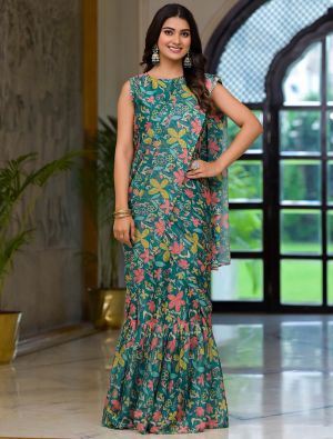 Rama Green Imported Georgette Ready To Wear Gown Style Saree FABSA22363