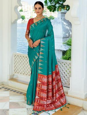 Rama Tussar Silk Saree With Silver And Copper Zari Weaves