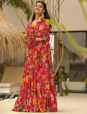 red airtex chinon digital printed flared gown   fabgo20377