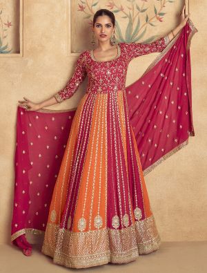 Red And Orange Georgette Pre Stitched Anarkali Suit In 42 Size small FABSL22052