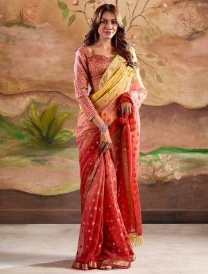 Red Banarasi Georgette Saree With Zari Woven Motifs