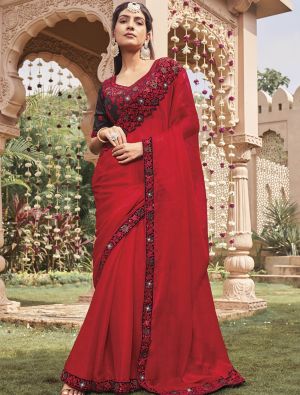 Red Blooming Shimmer Georgette Embroidered Saree