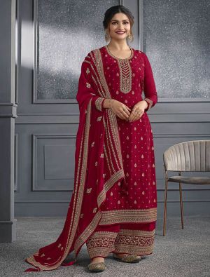 Red Dola Silk Semi Stitched Salwar Kameez small FABSL21898