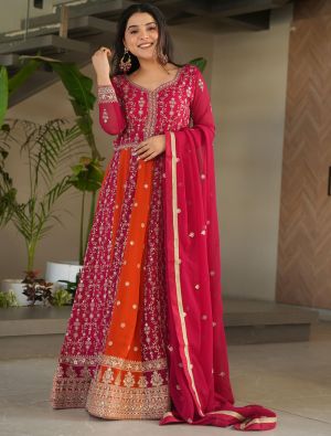 red georgette elegant gown with dupatta fabgo20391