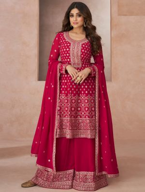 Red Georgette Semi Stitched Embroidered Palazzo Suit small FABSL21625