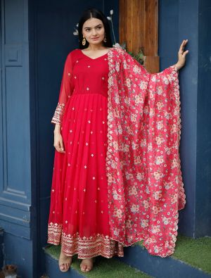 red georgette zari embroidered readymade gown with dupatta fabgo20266