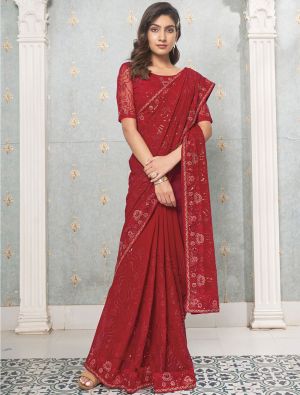 Red Premium Georgette Saree With Sequins Embroidery