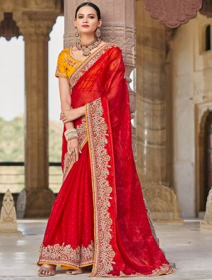 Red Satin Burberry Embroidered Saree With Diamond Work