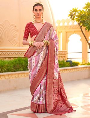 Red Silk Saree With Woven Work And Digital Print